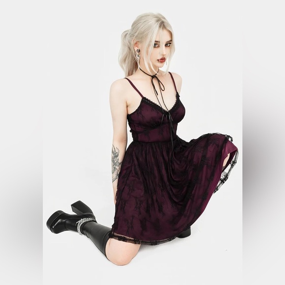 Disturbia Plum Lace Slip Dress | Whimsigoth Goth Core Mini | US 6 - Picture 3 of 15